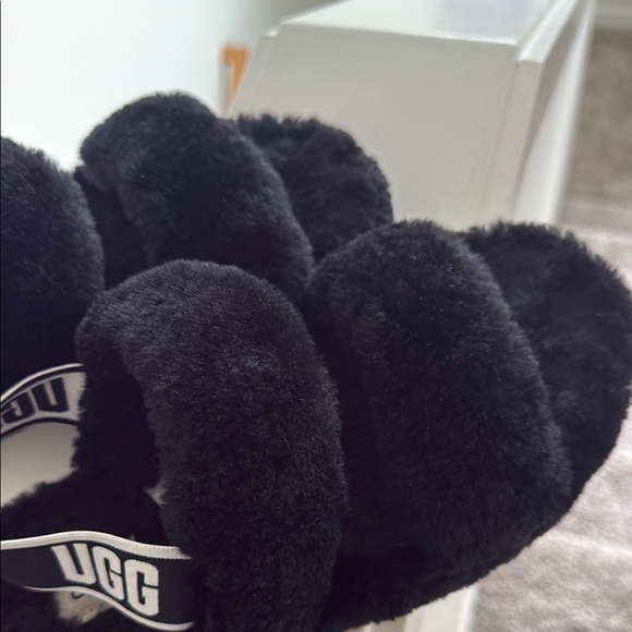 UGG Oh Yea Slide Black Fluffy Sandals with Logo Strap - Picture 6 of 6